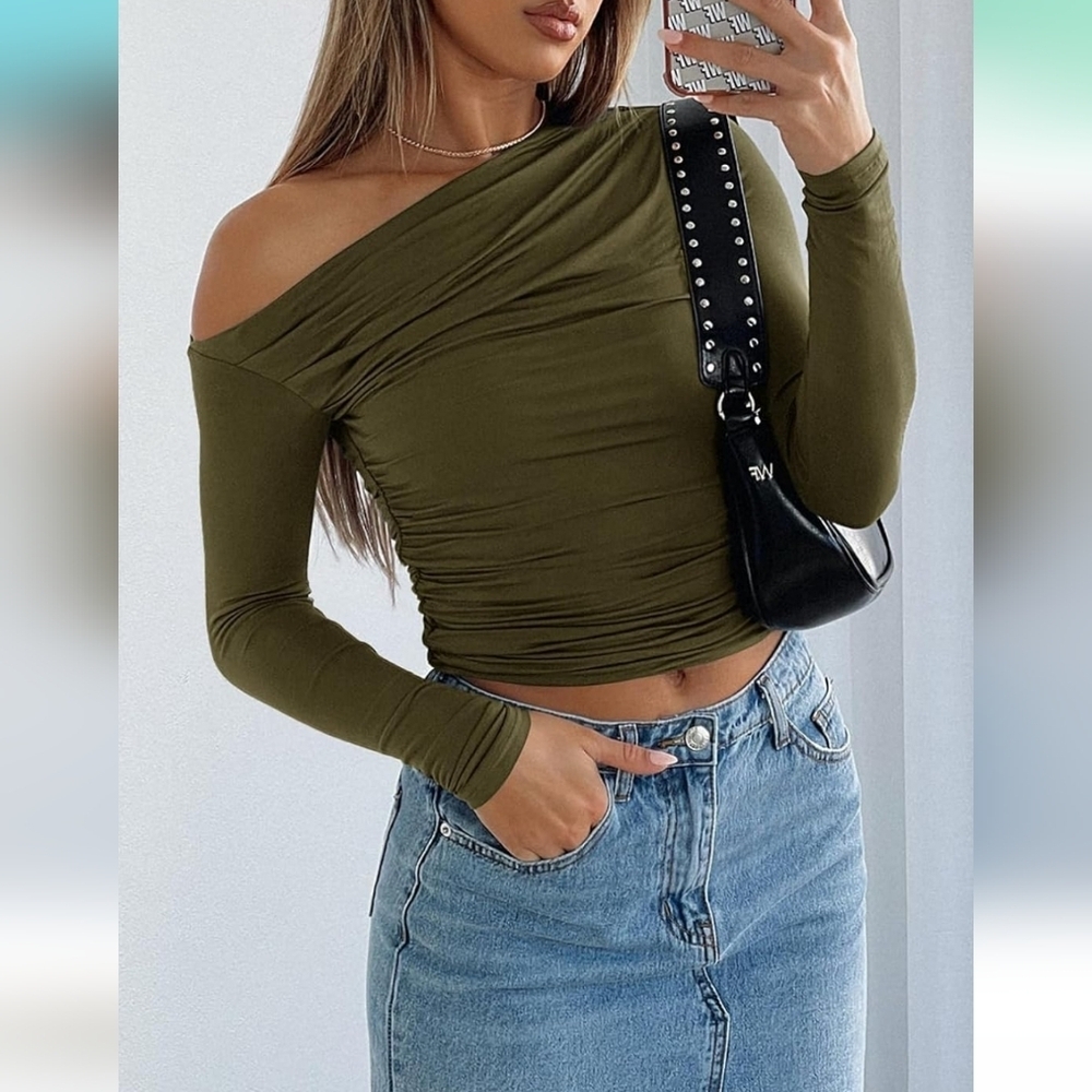 Long Sleeve‎ Boat Neck Off Shoulder Slim Fit Crop Top tight Blouses SZ M green